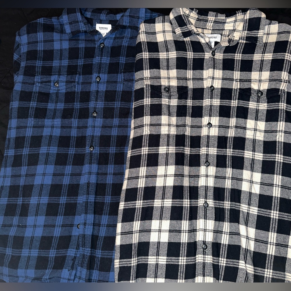 Sonoma Blue Black White Black Long Sleeve Flannel Men’s Shirt Sz Large